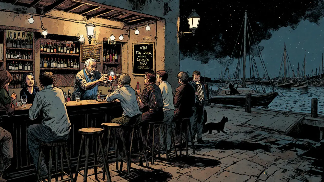 A cozy harbor bar in La Condamine with a bartender pouring drinks, fishermen, and artists under string lights and vintage charm.