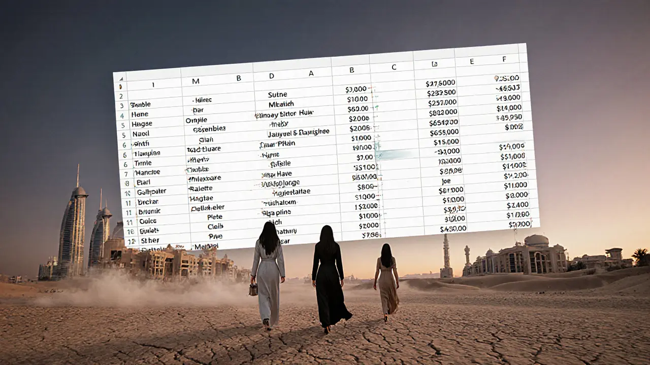 A floating spreadsheet with escort rates hovers over Dubai&#039;s skyline, shadowy figures walking away into the desert horizon.