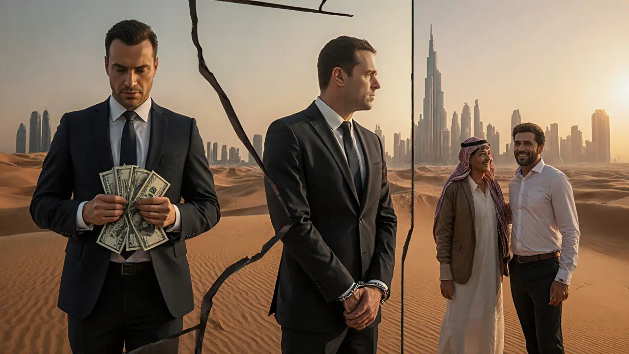 A fractured mirror shows three versions of a man: one in cuffs, one holding cash, one smiling with a tour guide in the desert.