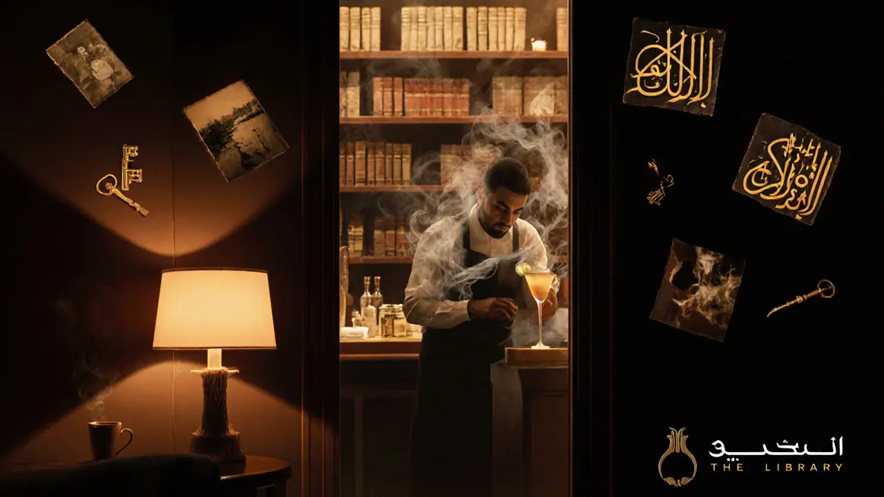 A hidden bar behind a bookshelf with a bartender mixing a smoky cocktail under a single warm lamp.