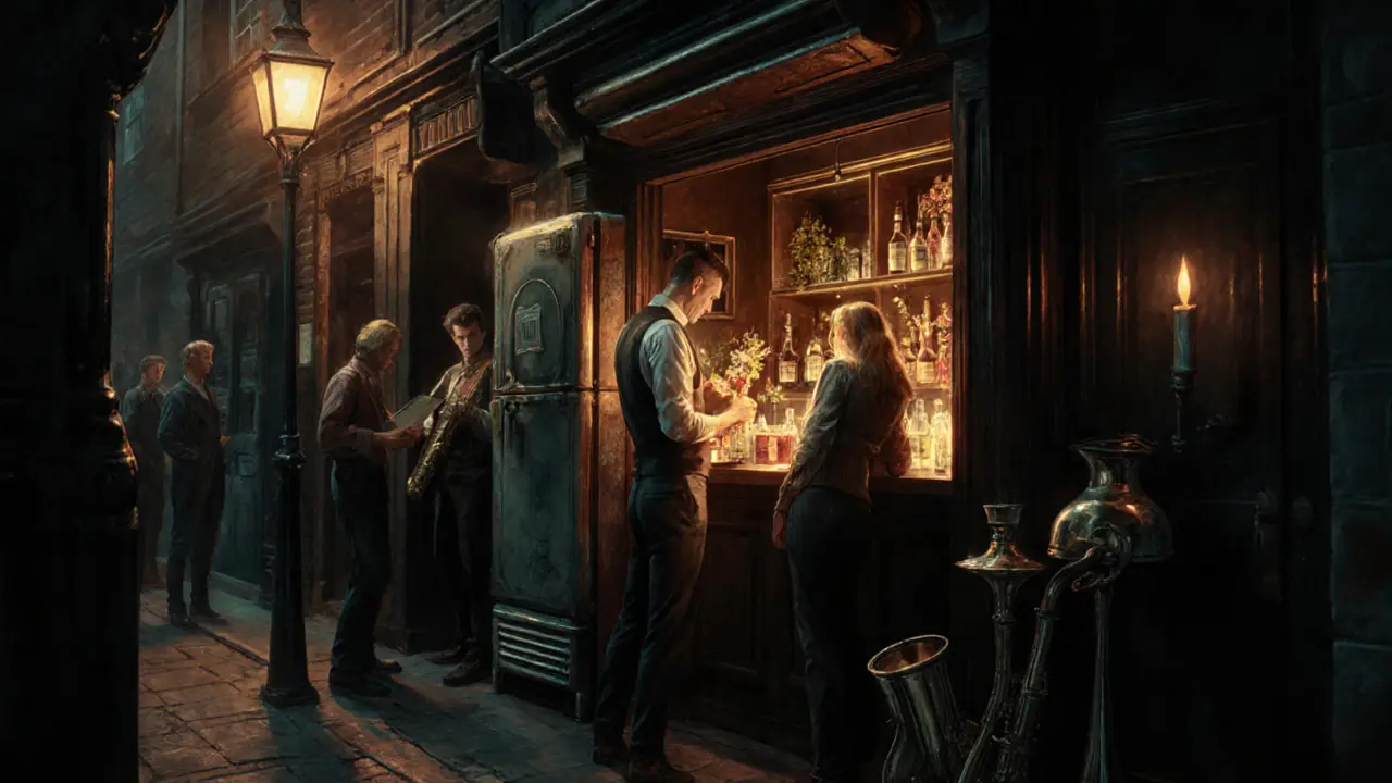 A hidden speakeasy bar with a bartender crafting smoked cocktails in warm candlelit light.