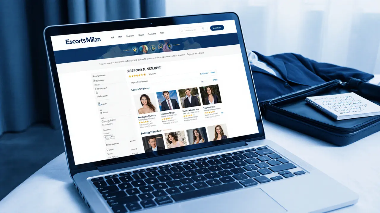 A laptop screen showing a verified escort directory with profile reviews in a quiet hotel room.