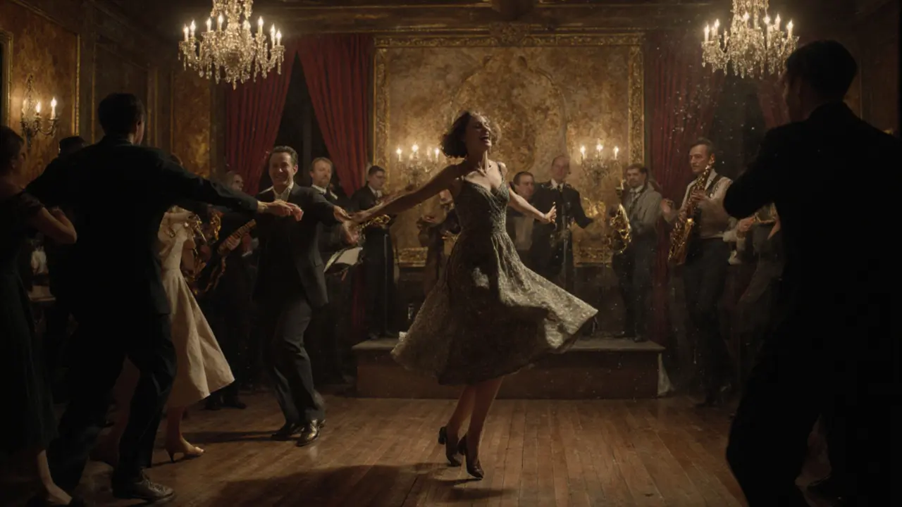A lively 1950s-style dance hall in Paris with people dancing under chandeliers and a live band playing.