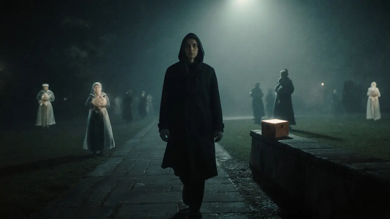 A lone person walking at night through a historic college, surrounded by faint ghostly figures and a glowing wooden box.