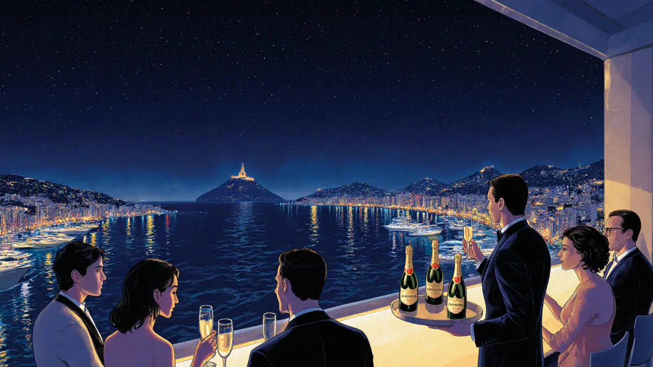 A luxurious rooftop bar in Monaco at night with guests sipping champagne and overlooking the glittering Mediterranean harbor.