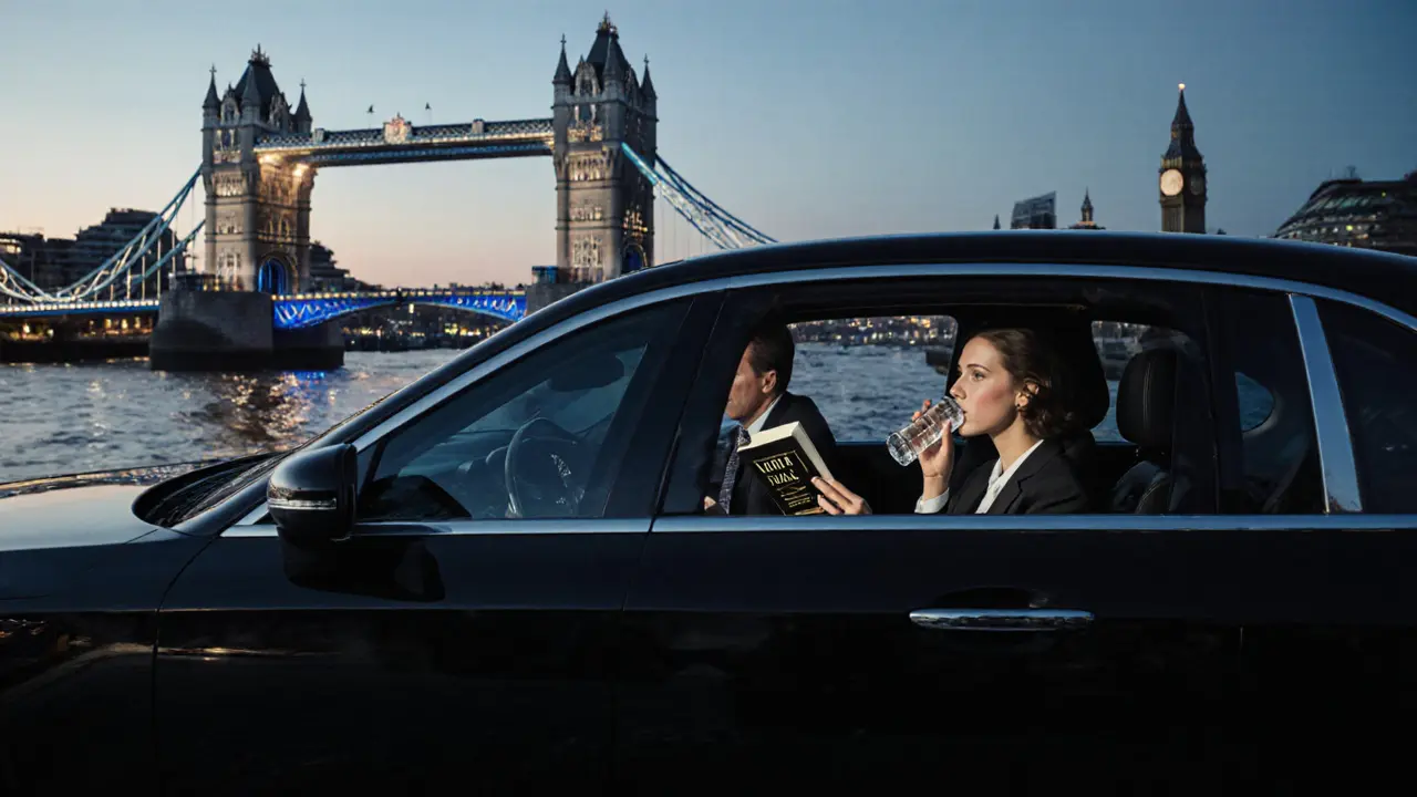 A luxury car cruising along the Thames at dusk, interior calm, no visible faces or identifiers.