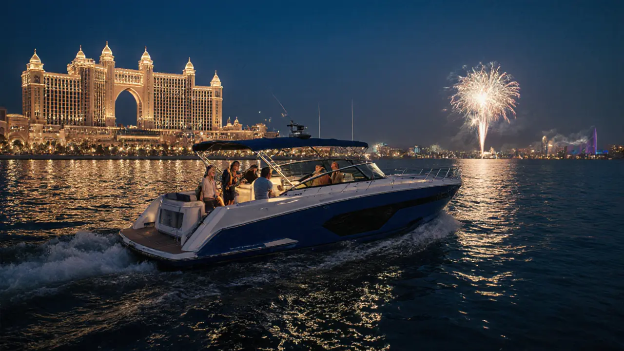 A luxury speedboat at night on Abu Dhabi&#039;s coast, lit by palace reflections and distant fireworks, guests enjoying music on deck.