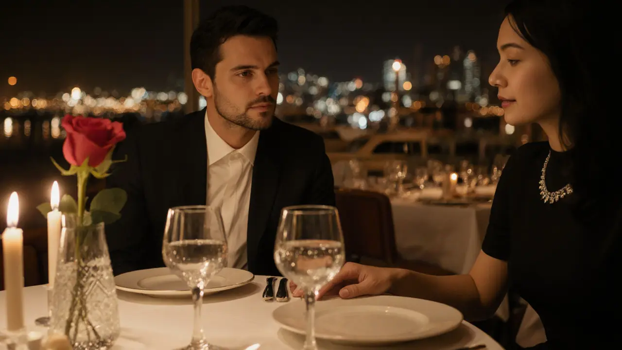 A man and woman share a silent dinner at an exclusive restaurant, no devices or gifts in sight, conveying emotional presence over material exchange.