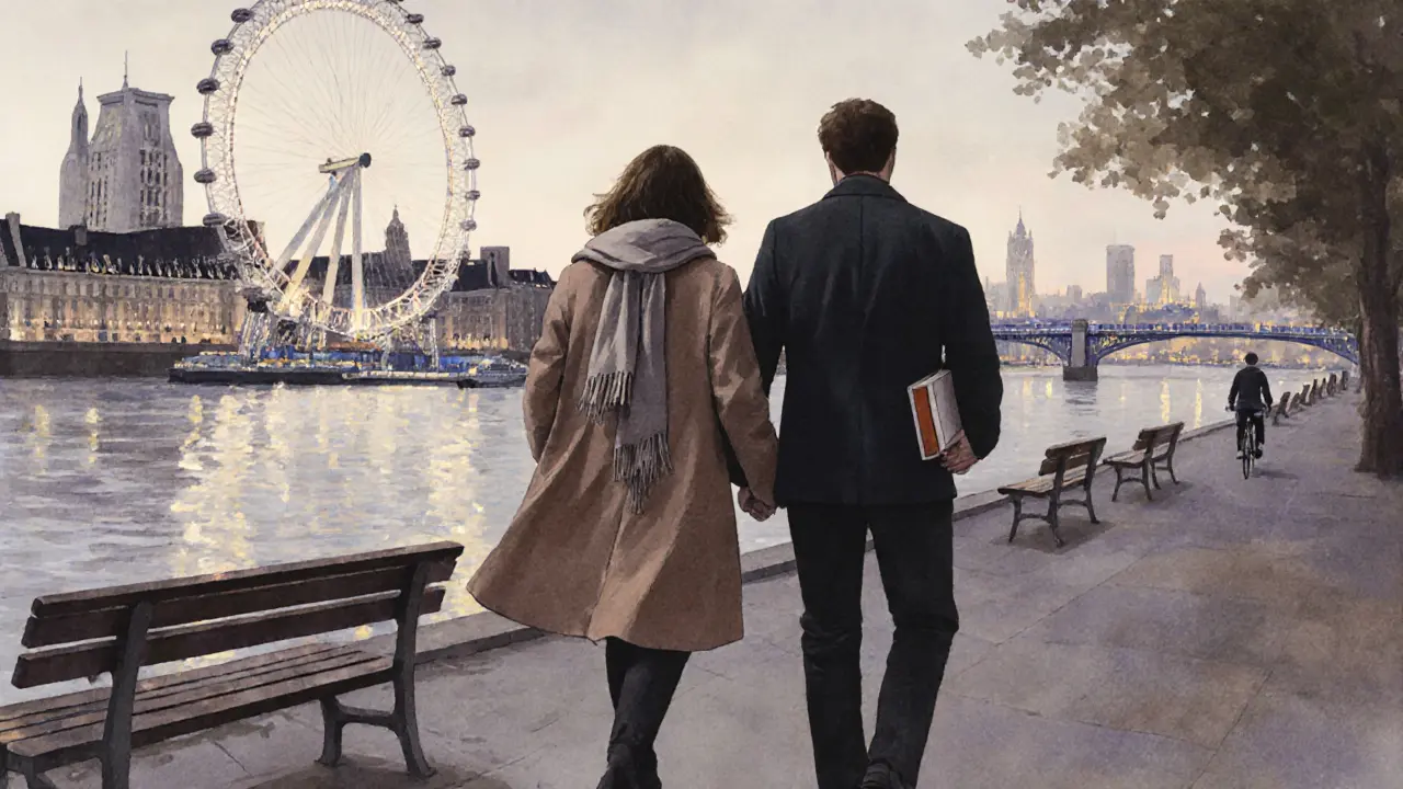 A man and woman walk hand-in-hand along the Thames at dusk, their connection peaceful and unspoken.
