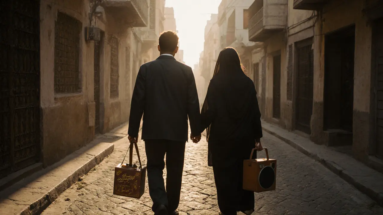A man and woman walk peacefully through Dubai&#039;s historic alleyways, carrying a small gift and listening to music.