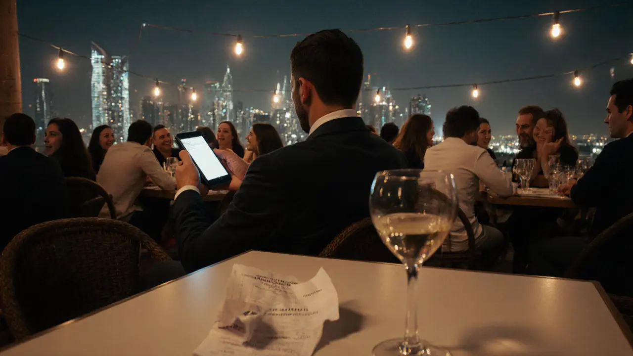 A man at a rooftop bar in Dubai stares at his phone, a crumpled receipt beside his empty wine glass.