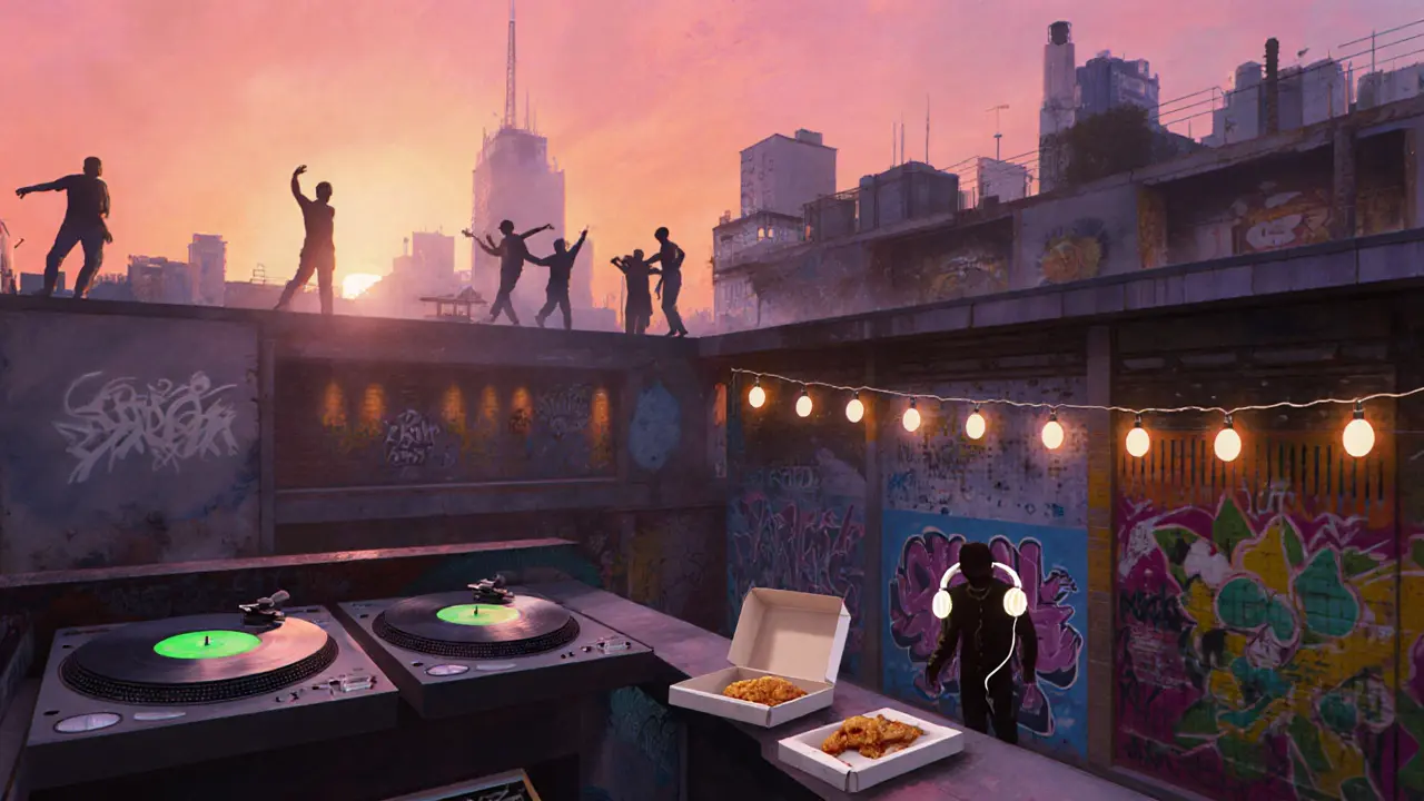 A multi-level creative space at dawn with dancers, vinyl records, and sunrise over Peckham.