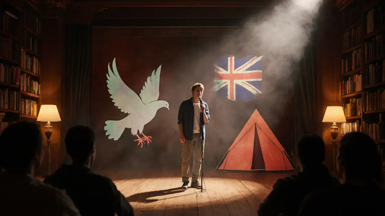 A performer at Soho Theatre with symbolic projections behind them, thoughtful audience in warm lighting.