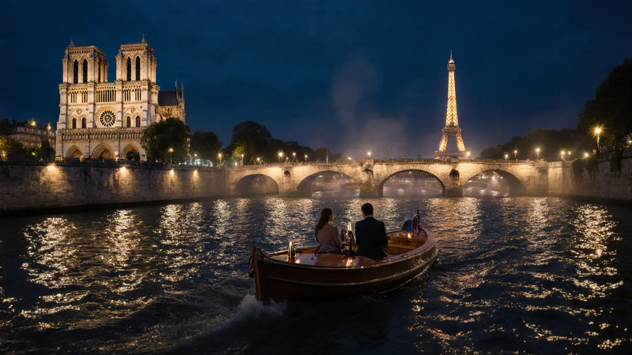 A private boat on the Seine at night, reflecting city lights with champagne and chocolates.