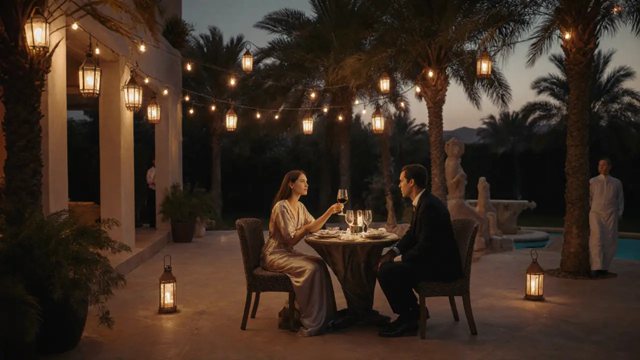 A private dinner at a Jumeirah villa under string lights, a woman serving wine to a man in quiet, elegant setting.
