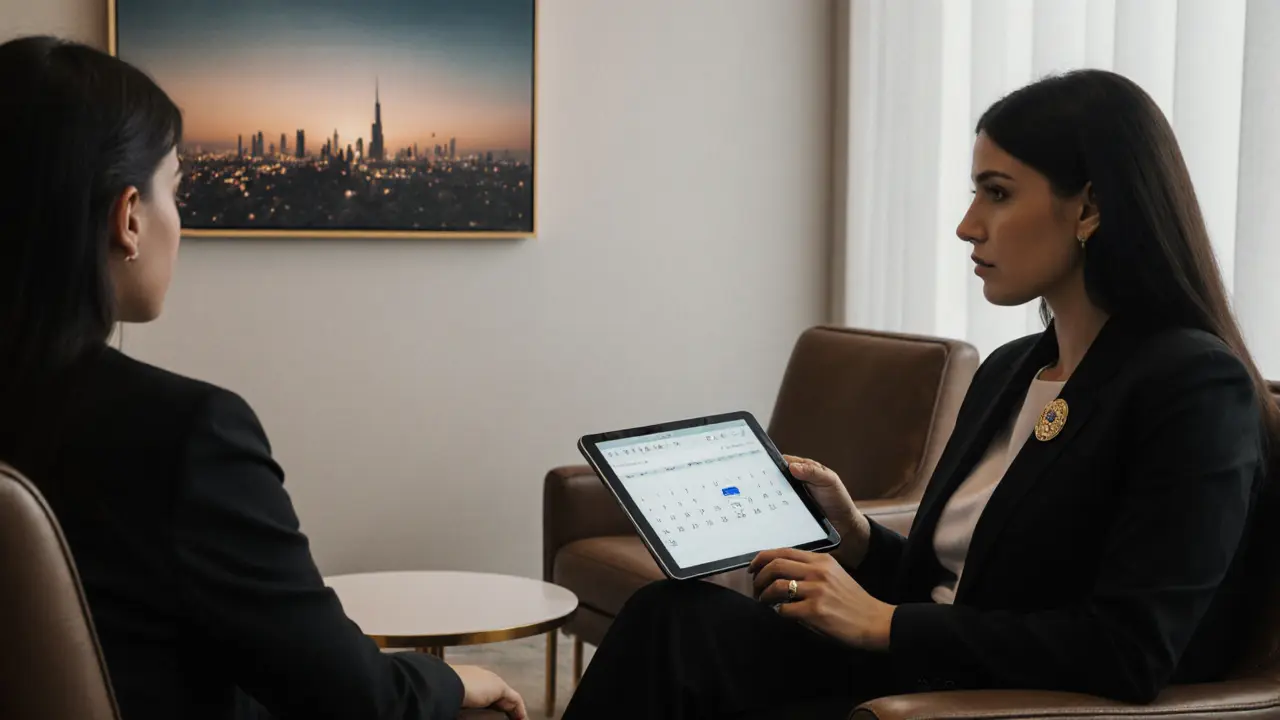 A professional woman in a discreet meeting, seated across from a client in an elegant, minimalist lounge.