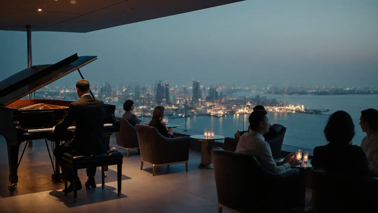 A quiet rooftop bar with a jazz pianist playing under soft lights, overlooking the Arabian Gulf skyline.