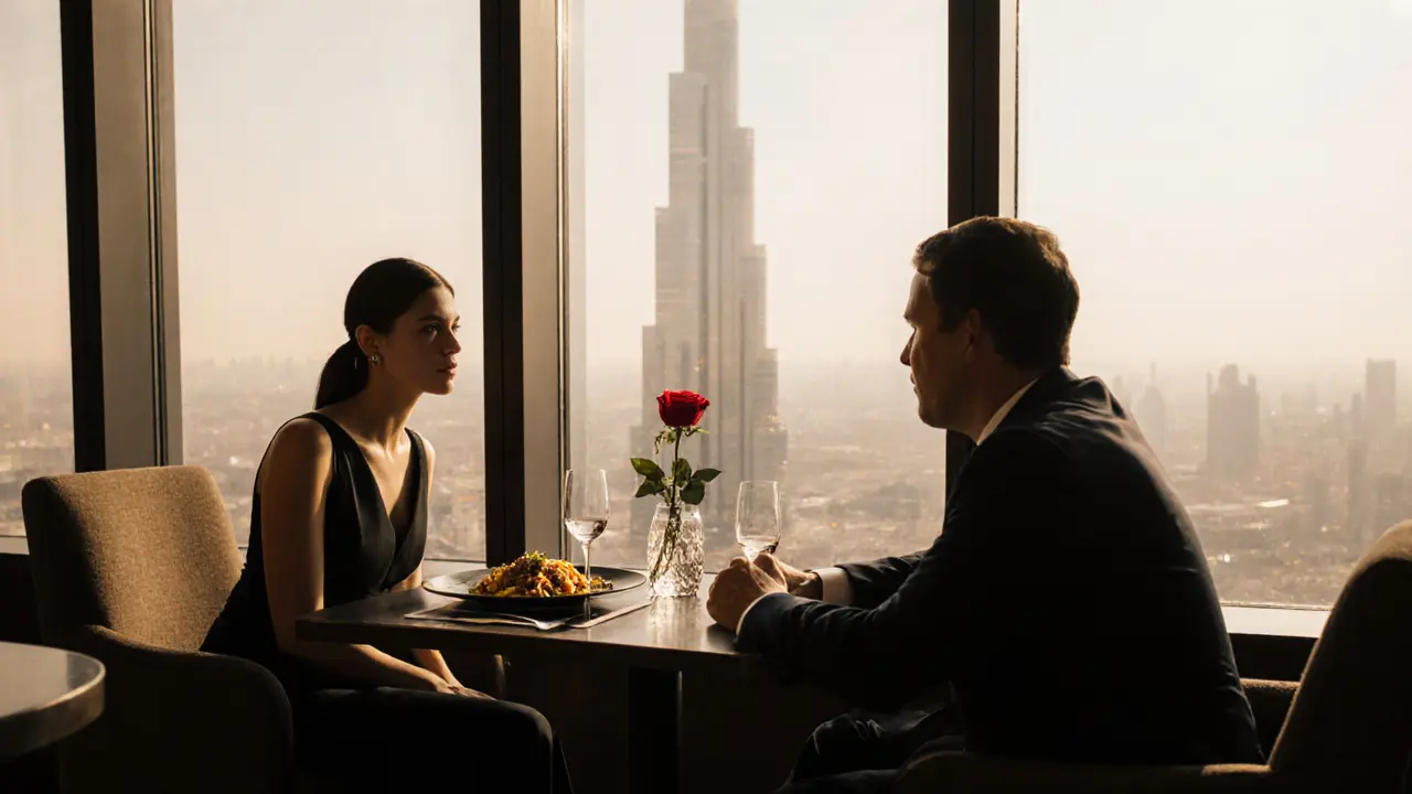 A refined couple in a high-end rooftop lounge, enjoying quiet conversation with Dubai&#039;s skyline in the distance.