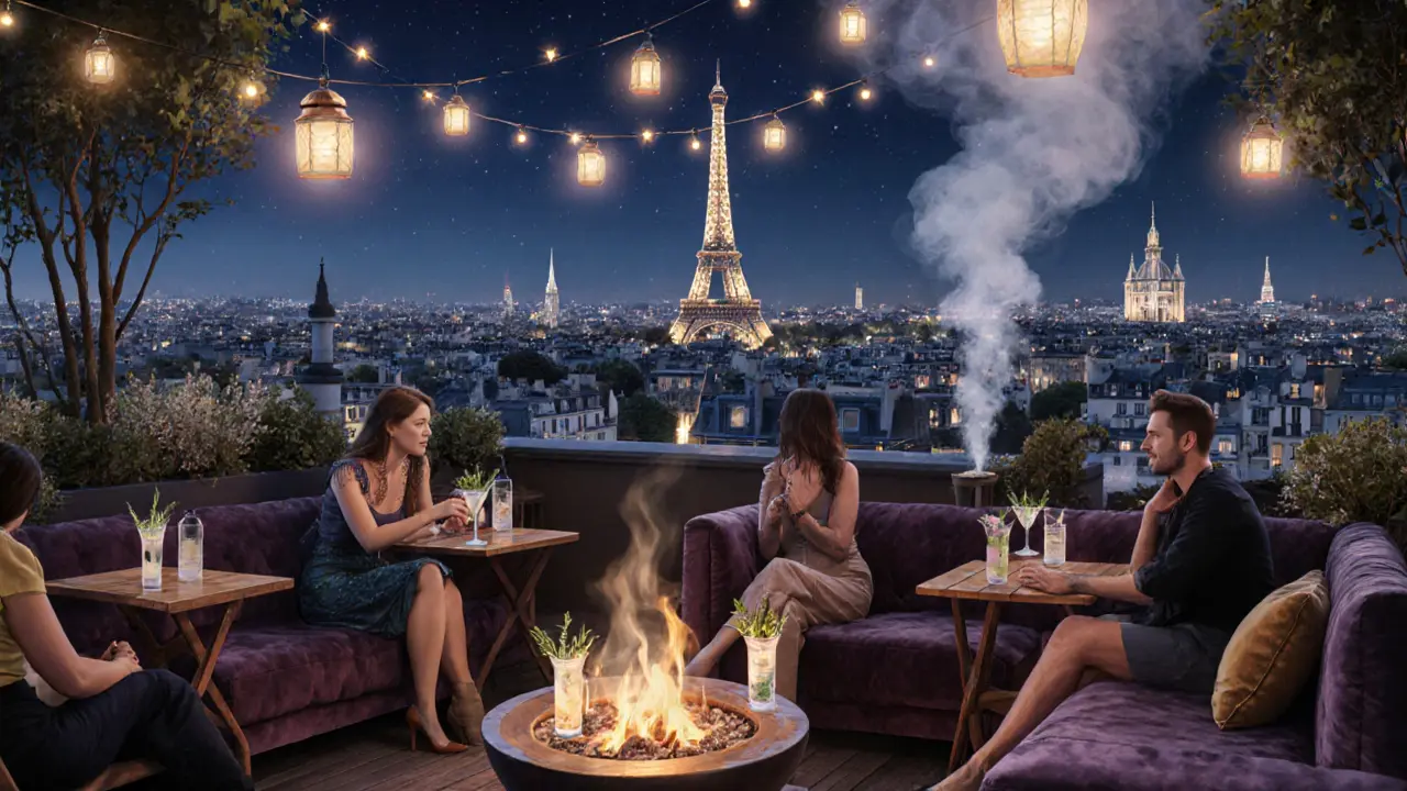 A rooftop bar in Paris at night with string lights, fire pits, and the Eiffel Tower sparkling in the distance.