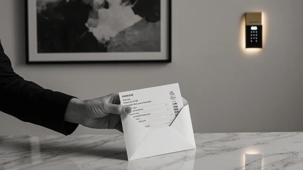 A sealed envelope with a keycard and itinerary on marble, symbolizing discreet luxury and careful planning in Dubai.