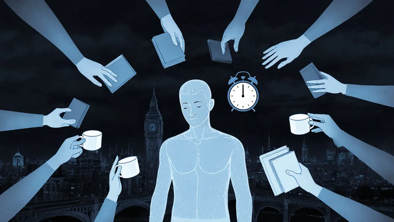 A solitary figure in a dark city is gently touched by glowing hands representing compassionate human presence.