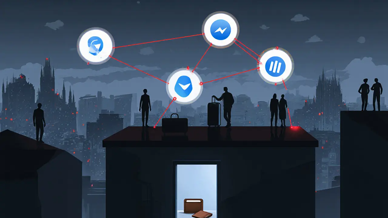 A surreal Milan cityscape with encrypted app icons floating above rooftops, connected to shadowy figures.
