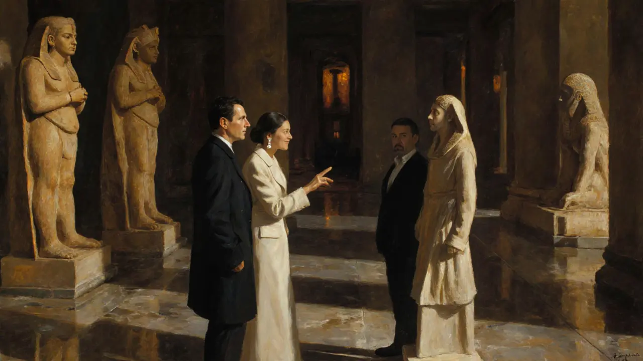 A woman guides a man through the empty Louvre at night, pointing to an ancient statue under soft museum lighting.