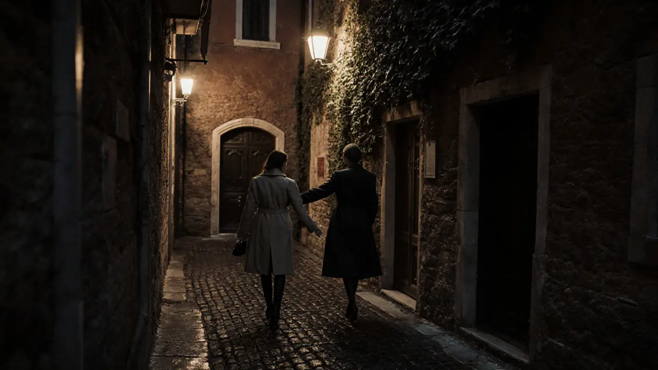 A woman guiding a traveler through a quiet Brera alley at dusk, revealing a hidden courtyard.