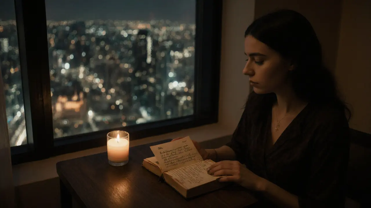 A woman reads a handwritten note inside a copy of &#039;The Alchemist&#039; beside an oud candle in a quiet room.