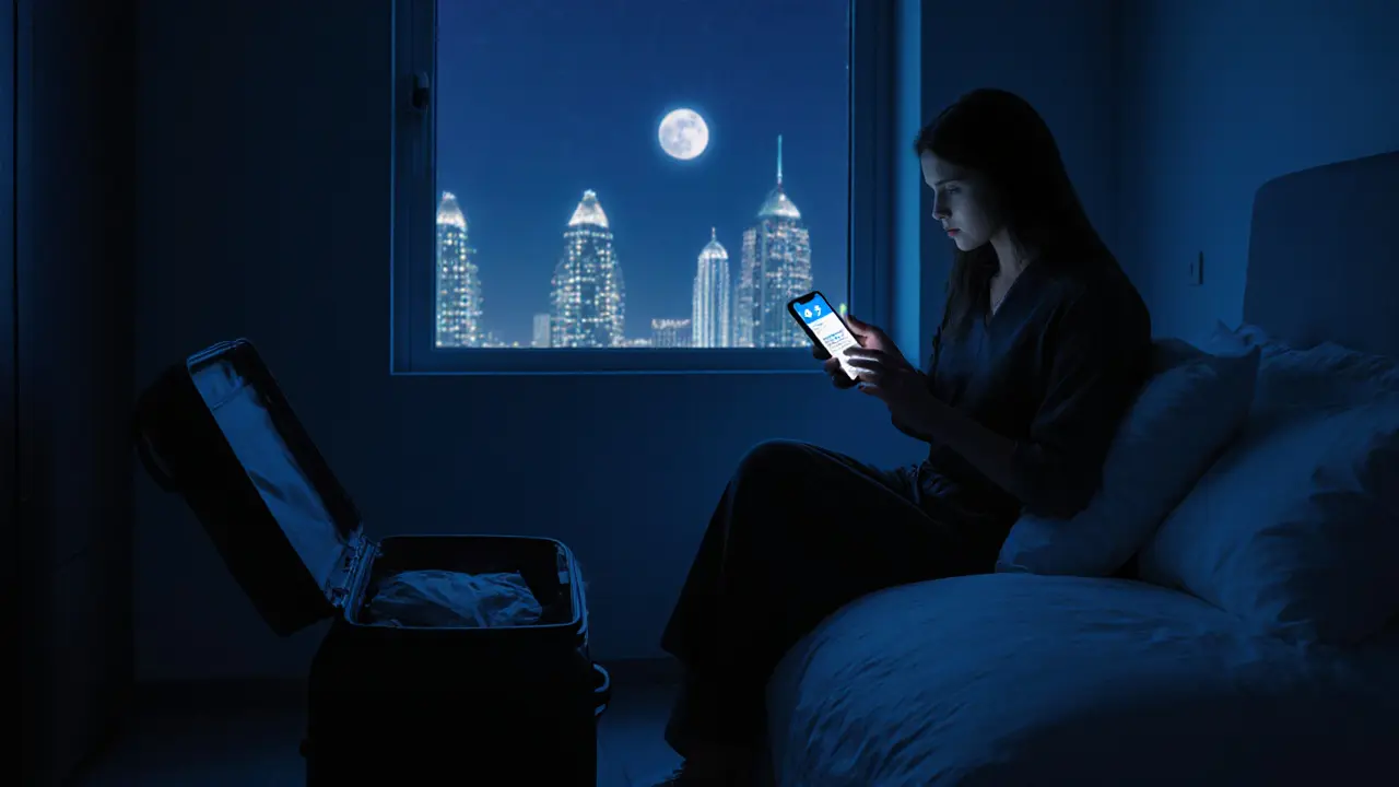 A woman sits nervously on a bed in a dim apartment, phone glowing with a Telegram message.