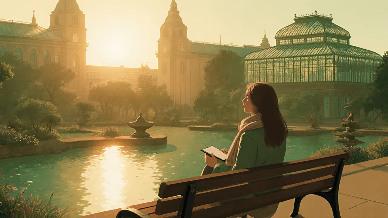 A woman sitting peacefully alone in Botanischer Garten at sunset.
