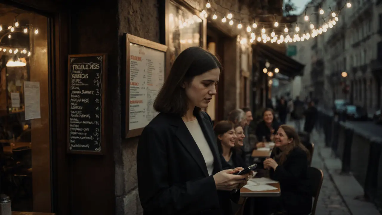 A woman stands outside a Navigli café at dusk, looking at her phone while locals chat nearby.