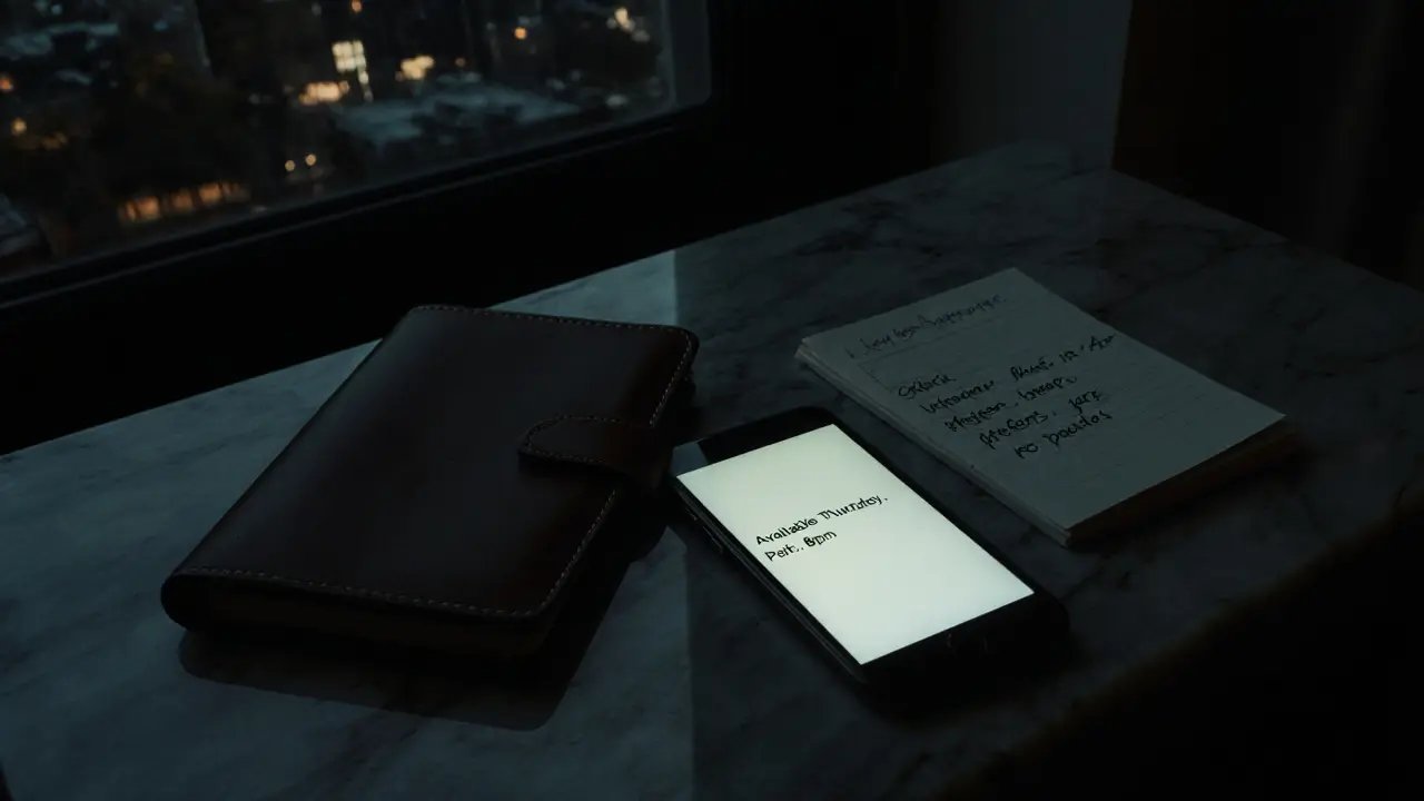 An encrypted message on a smartphone next to a leather notebook with handwritten notes in a dark room.