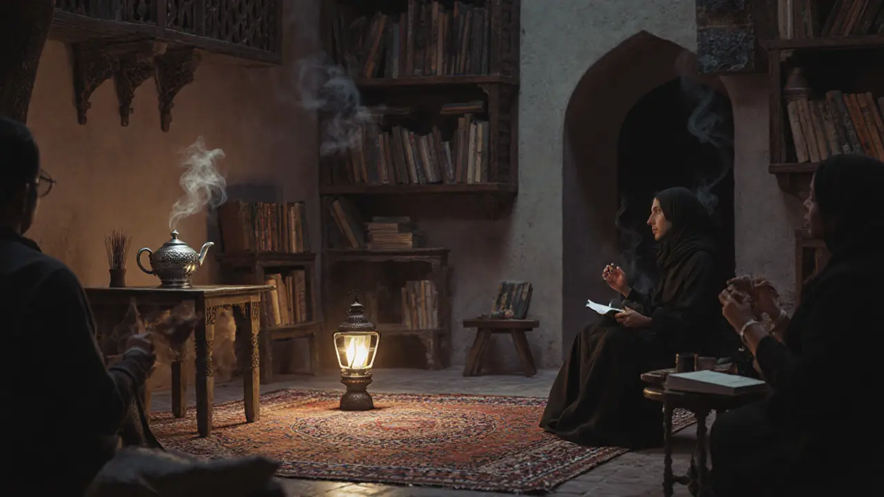 An intimate hidden courtyard with a poet reading to a small group, lit by a single lantern.