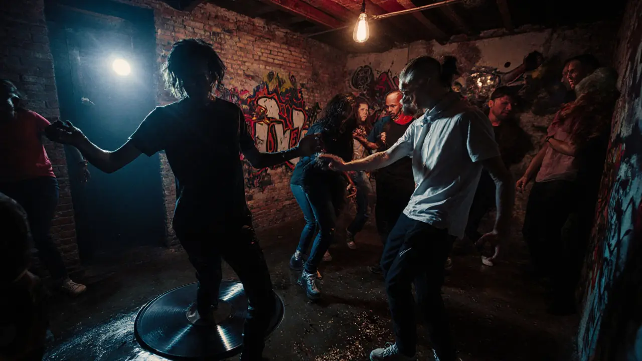 An underground club basement with graffiti walls and vinyl records spinning in low light.
