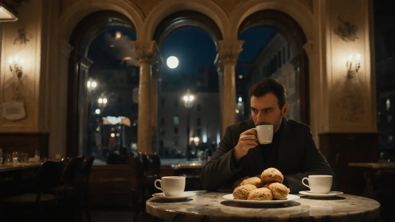 Bar Pasticceria Cova at 3 a.m. with cannoli and espresso under warm interior lights.