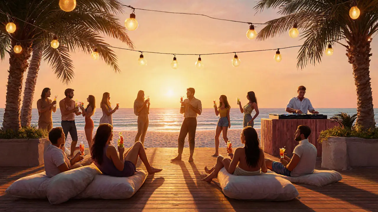 Beachside bar at sunset with guests lounging on sand, ocean breeze, and DJ spinning under string lights.