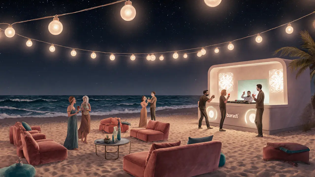Beachside lounge at night with low sofas, string lights, and ocean waves under a starry sky.