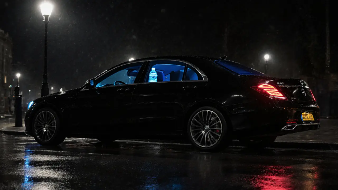 Black Mercedes with tinted windows idling under a London streetlamp, symbolizing thoughtful luxury.