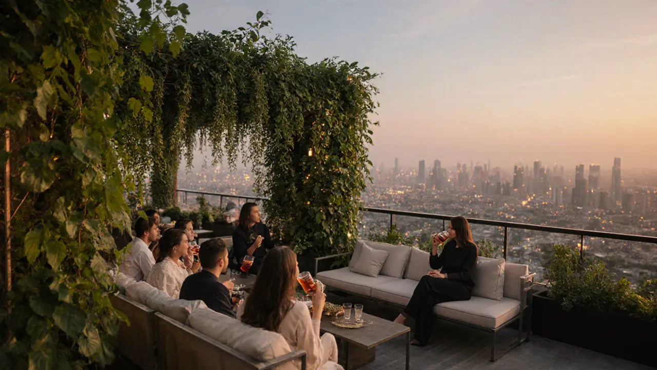 Botanical rooftop lounge with greenery and soft lighting, guests enjoying herbal drinks in quiet serenity.