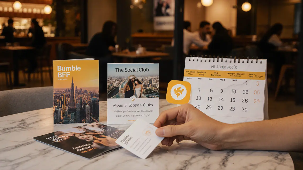 Business card and tourism brochure beside apps for platonic connections in Dubai.