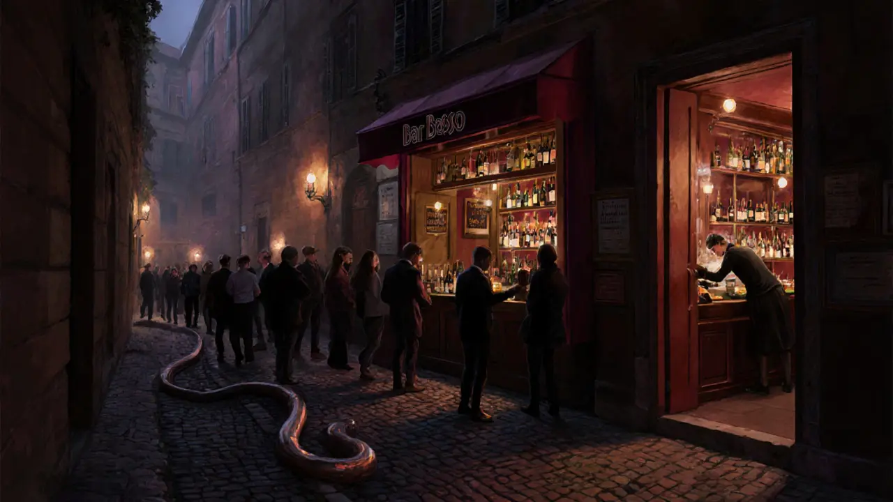 Candlelit Brera street with a queue outside Bar Basso, vintage architecture glowing in warm amber light.