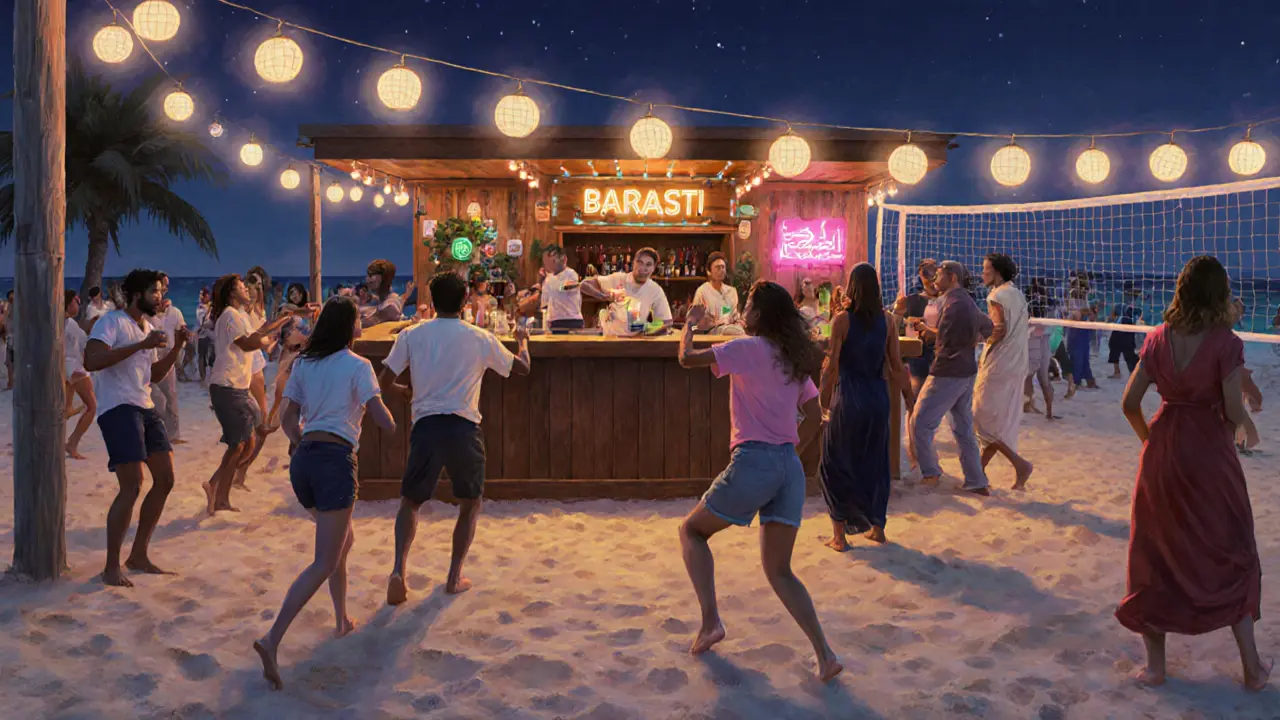 Casual beach bar with diverse crowd dancing barefoot, volleyball nets, and warm lantern glow at night.