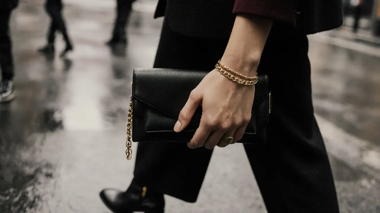 Close-up of a black clutch, gold chain, and ankle boots on a rainy Paris sidewalk at night.