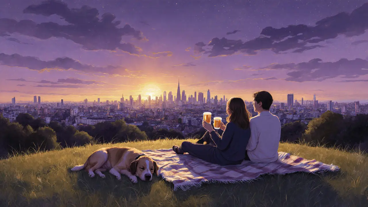 Couple enjoying cider on Primrose Hill at sunset with London skyline in the distance.