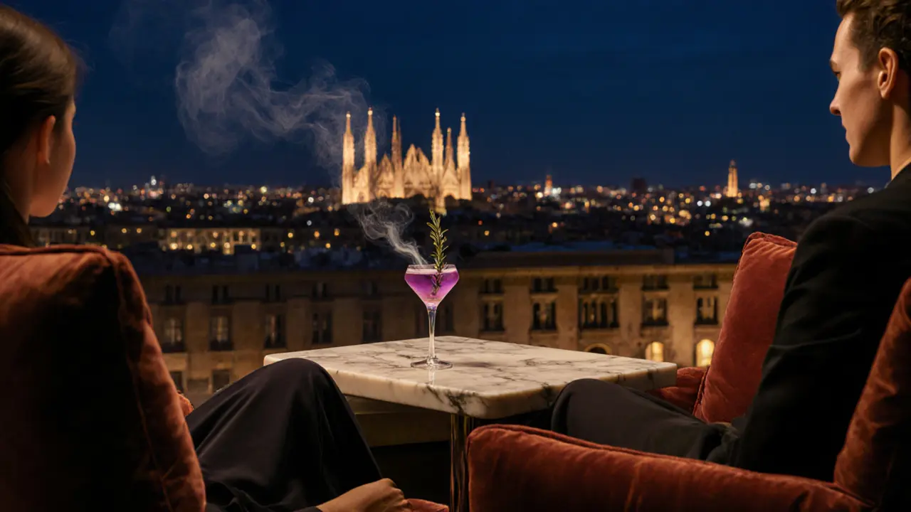 Couple on a rooftop terrace overlooking Milan’s glowing Duomo at dusk.