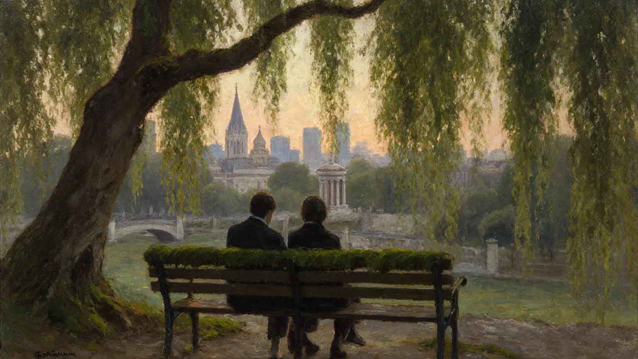 Couple sitting quietly on a bench in Parc des Buttes-Chaumont overlooking Paris at twilight.