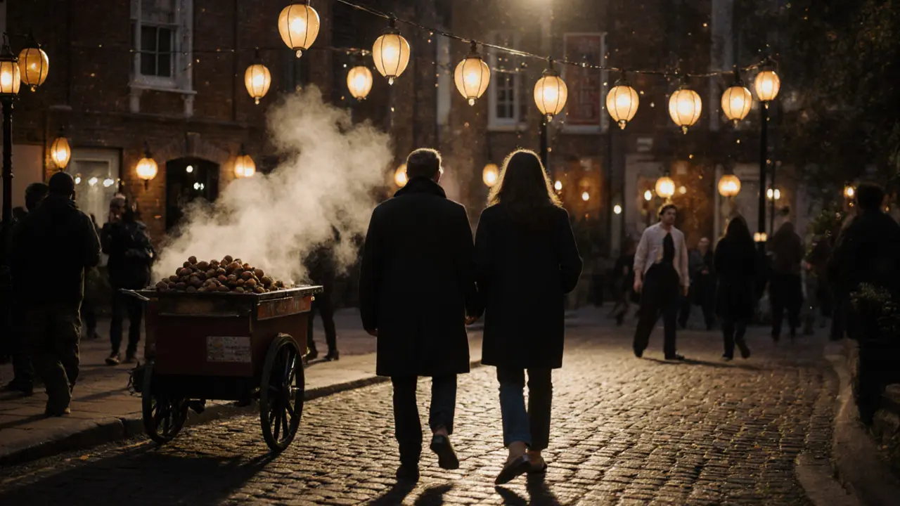 Couple walking through Covent Garden at night under glowing string lights and chestnut vendor steam.