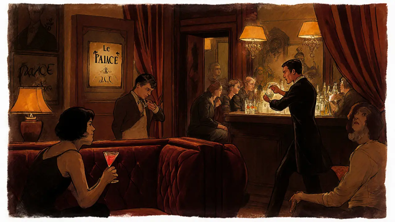 Cozy 1920s-style lounge with velvet booths and soft lighting, locals chatting quietly with a bartender.