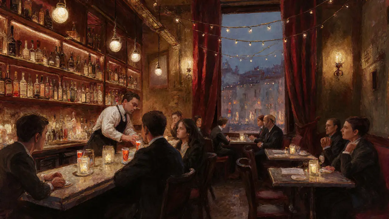 Cozy interior of Bar Basso in Brera with candlelit tables and bartender preparing a classic Negroni Sbagliato.